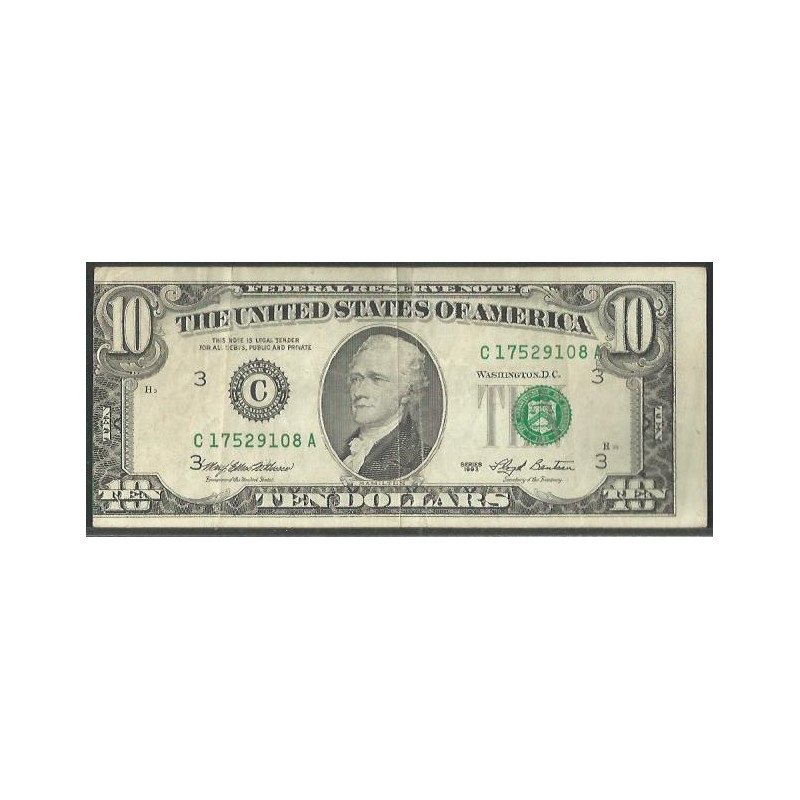 Estados Unidos, 10 Dollars 1993 C P492 Error impresion