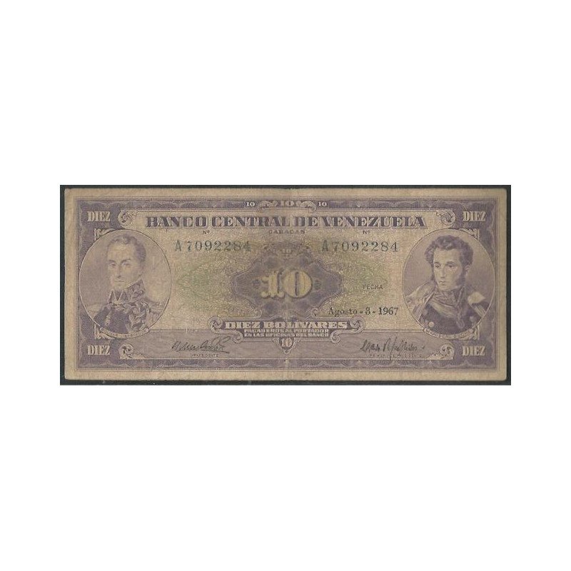 Venezuela, 10 Bolivares 8 Ago 1967 A7 Dig P45d