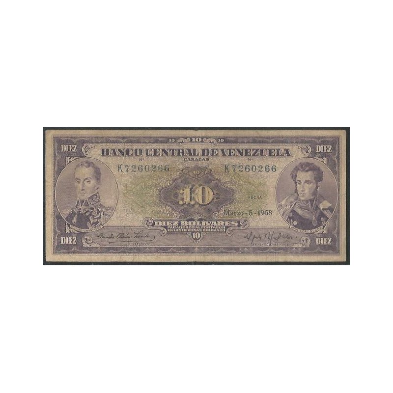 Venezuela, 10 Bolivares 5 Mar 1968 K 7 Dig P45e