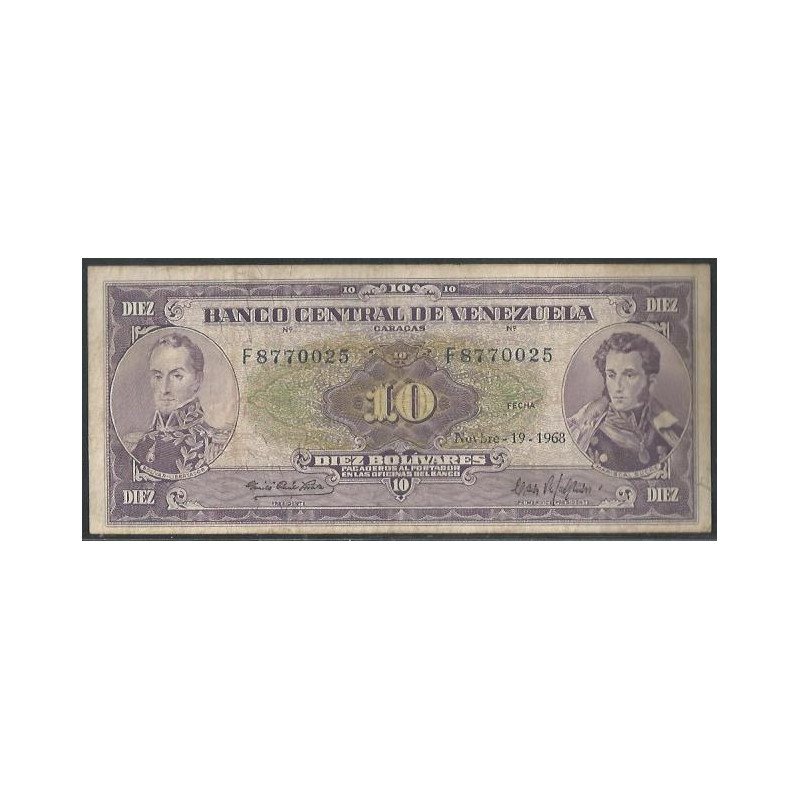 Venezuela, 10 Bolivares 19 Nov 1968 F 7 Dig P45f