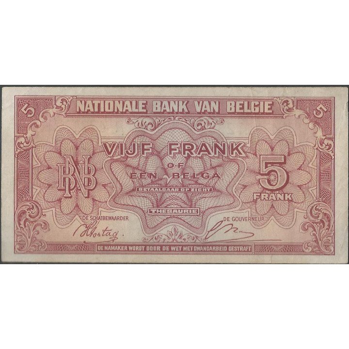 Belgica 5 Francs 1 Feb 1943 P121a