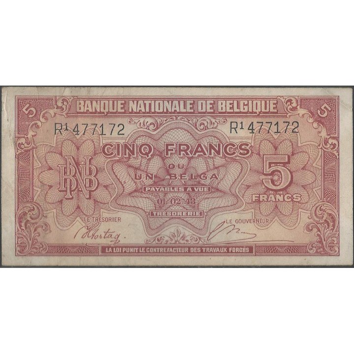 Belgica 5 Francs 1 Feb 1943 P121a reverso