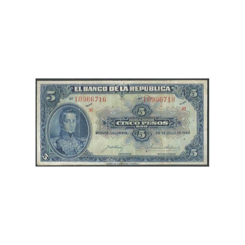 Billete de 5 Pesos 20 Jul 1940 8 Dig BGW113