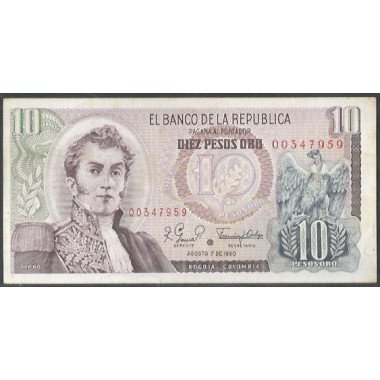 Colombia 10 Pesos 7 Ago 1980 Reposicion BGW208