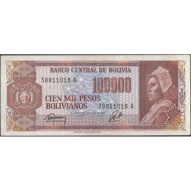 Bolivia, 100.000 Pesos Bolivianos D 5 Jun 1984 Serie A P171a