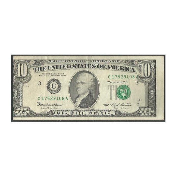Estados Unidos 10 Dollars 1993 C P492 Error impresion