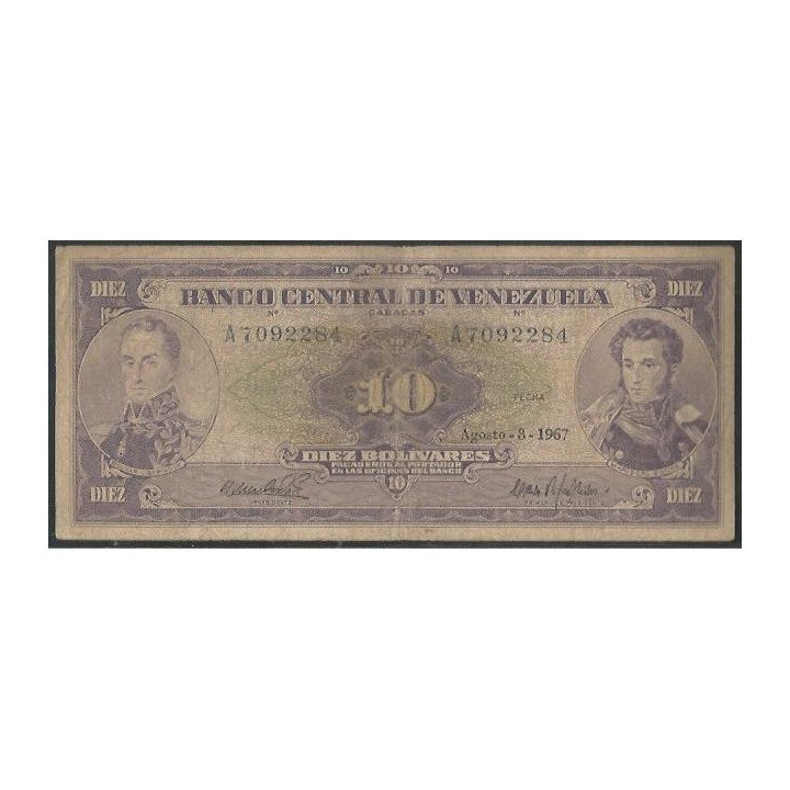 Venezuela 10 Bolivares 8 Ago 1967 A7 Dig P45d