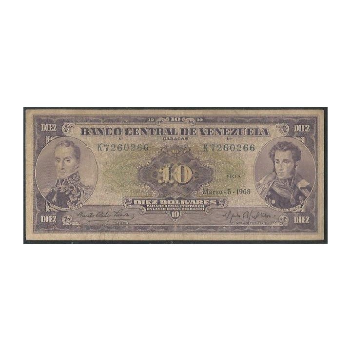 Venezuela 10 Bolivares 5 Mar 1968 K 7 Dig P45e