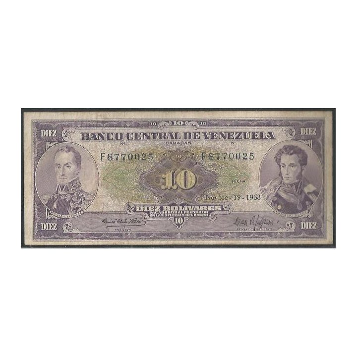 Venezuela 10 Bolivares 19 Nov 1968 F 7 Dig P45f