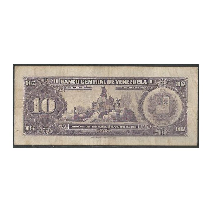 Venezuela 10 Bolivares 19 Nov 1968 F 7 Dig P45f reverso