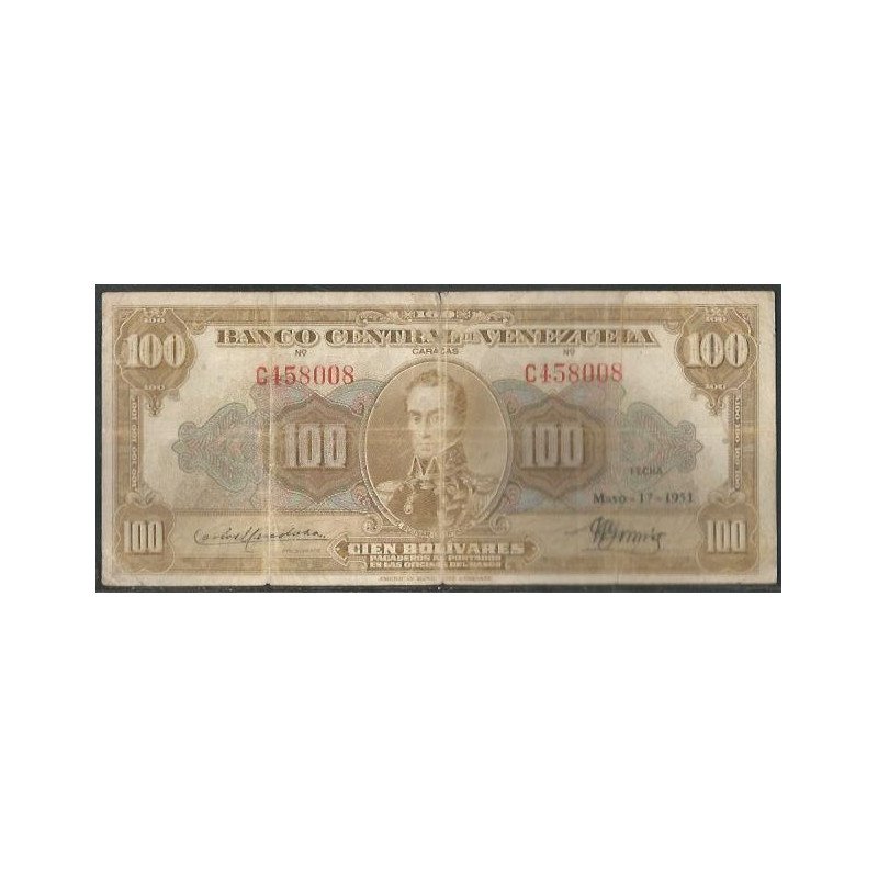 Venezuela, 100 Bolivares 17 May 1951 C 6 Dig P34a