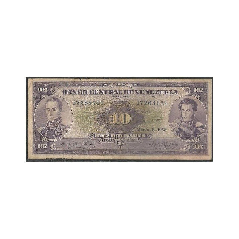 Venezuela, 10 Bolivares 5 Mar 1968 J 7 Dig P45e