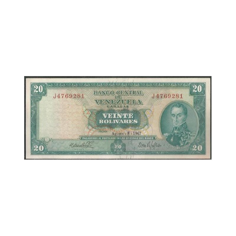 Venezuela, 20 Bolivares 8 Ago 1967 J 7 Dig P46a