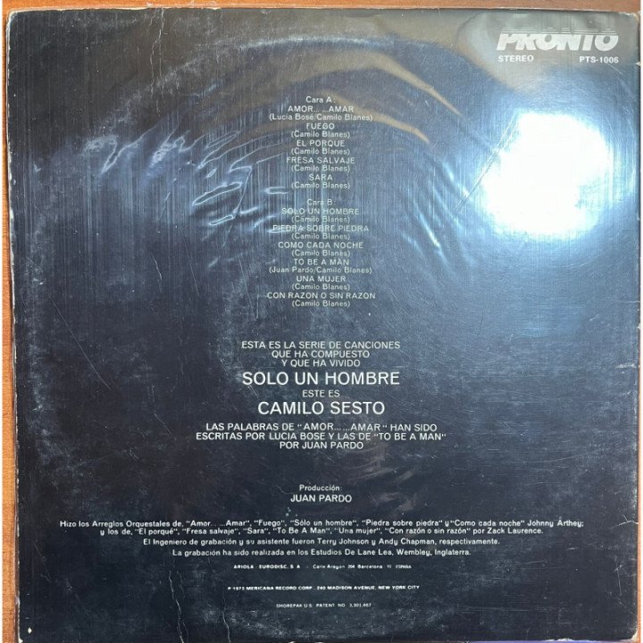 Camilo Sesto- Solo Un Hombre - Colombia 1972 reverso