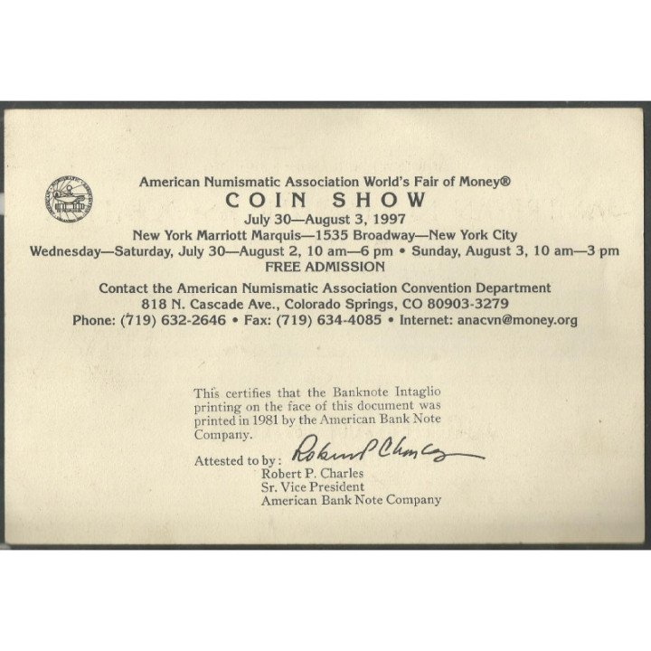 ANA - Artisan Bank 10 Dollars 18_ _ Fascimil New York show 1997 reverso