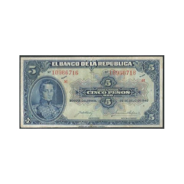 Billete de 5 Pesos 20 Jul 1940 8 Dig BGW113