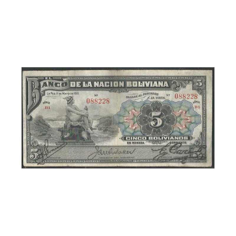 Bolivia, 5 Bolivianos 11 May 1911 Serie B1 P105b