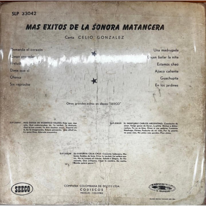 Sonora Matancera - Exitos canta Celio Gonzalez -Colombia reverso