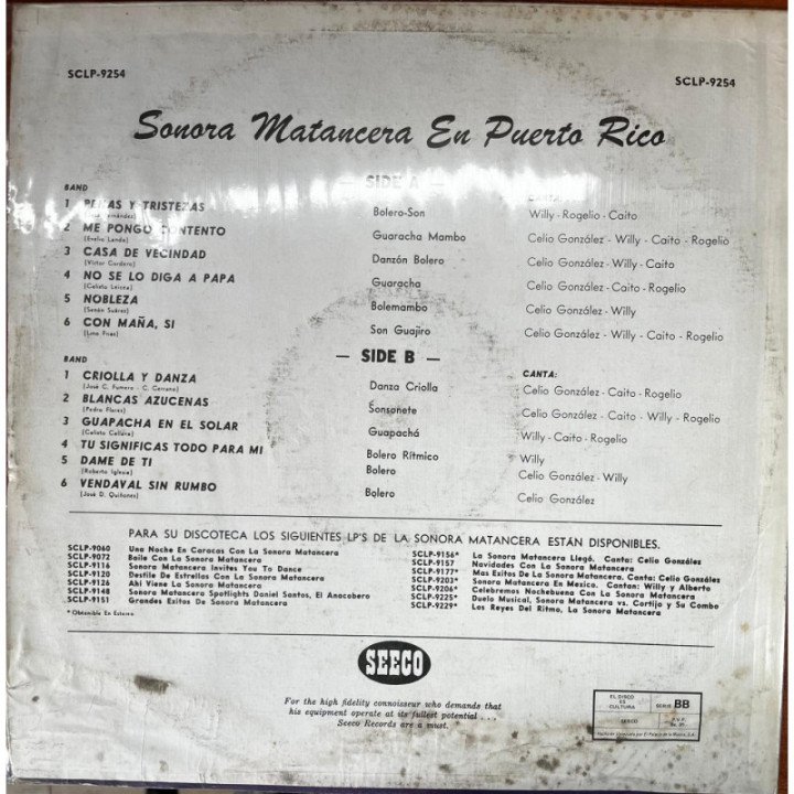 Sonora Matancera - en Puerto Rico - Venezuela reverso