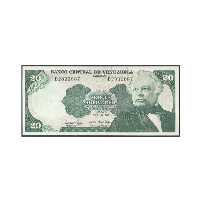 Venezuela, 20 Bolivares 23 Abr 1974 D 7 Dig P53a
