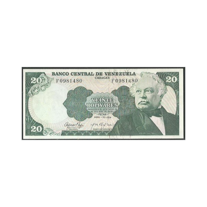 Venezuela, 20 Bolivares 23 Abr 1974 F 7 Dig P53a