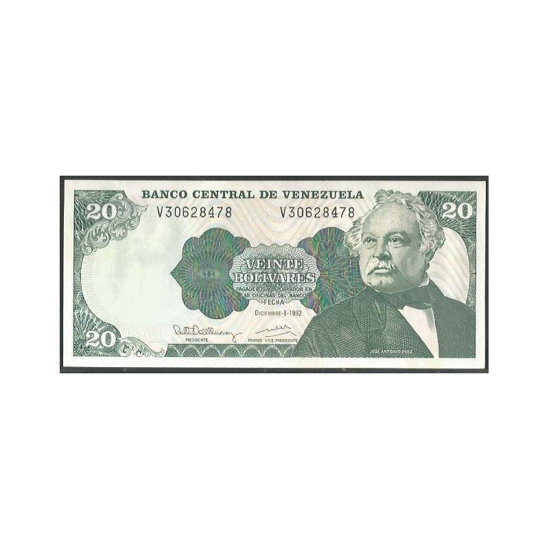 Venezuela, 20 Bolivares 8 Dic 1992 V 8 Dig P63d