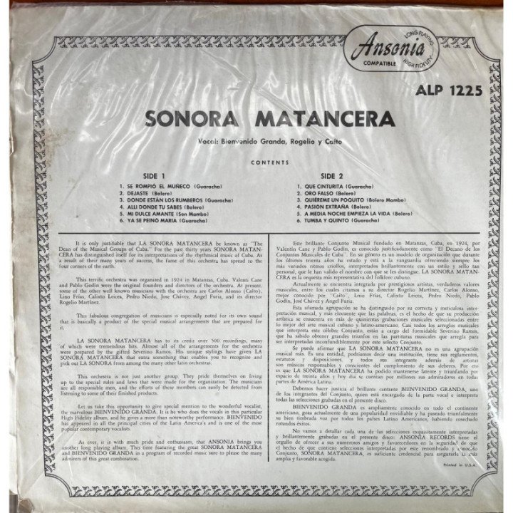Sonora Matancera - Canta. Bienvenido Granada reverso