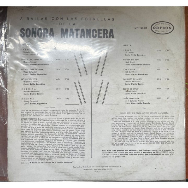 Sonora Matancera- A Bailar! - Colombia reverso