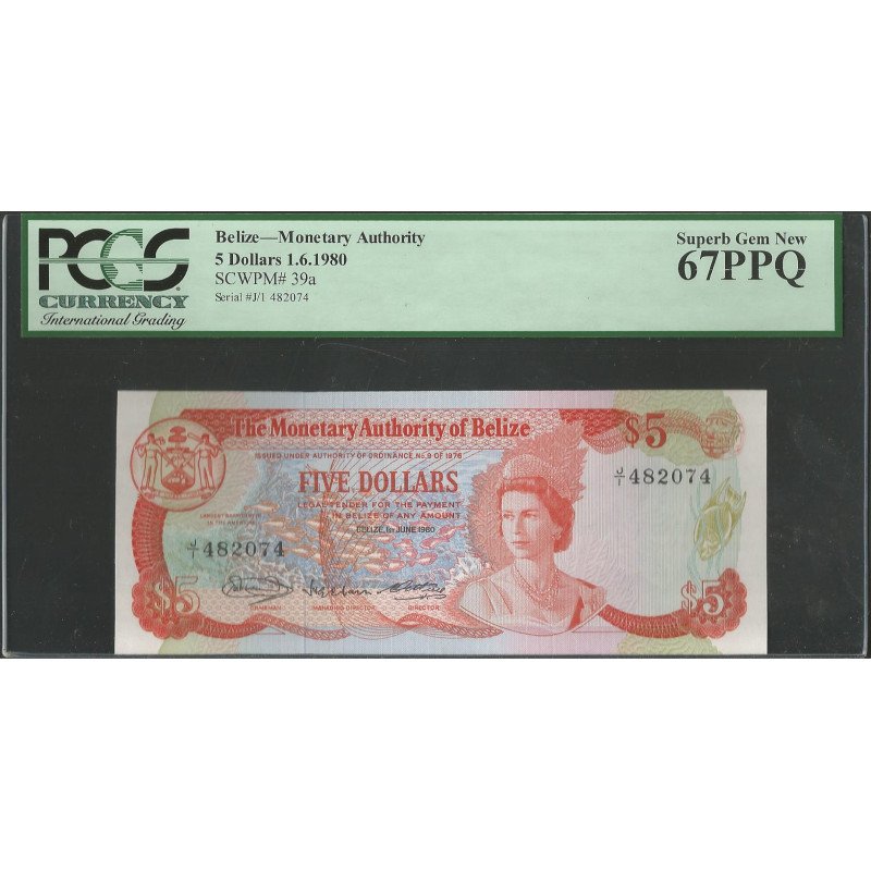 Belize, 5 Dollars Jun 1 1980 P39a PCGS 67PPQ