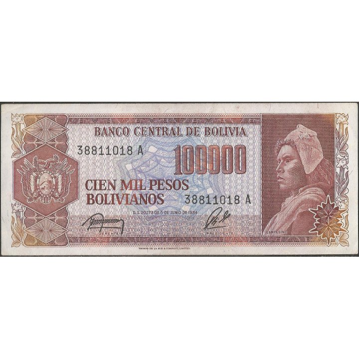 Bolivia 100.000 Pesos Bolivianos D 5 Jun 1984 Serie A P171a