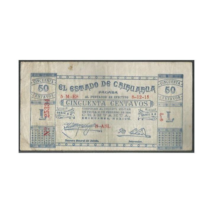 Mexico - El Estado de Chihuahua 50 Centavos 10 Feb 1914 Serie L Ps527a