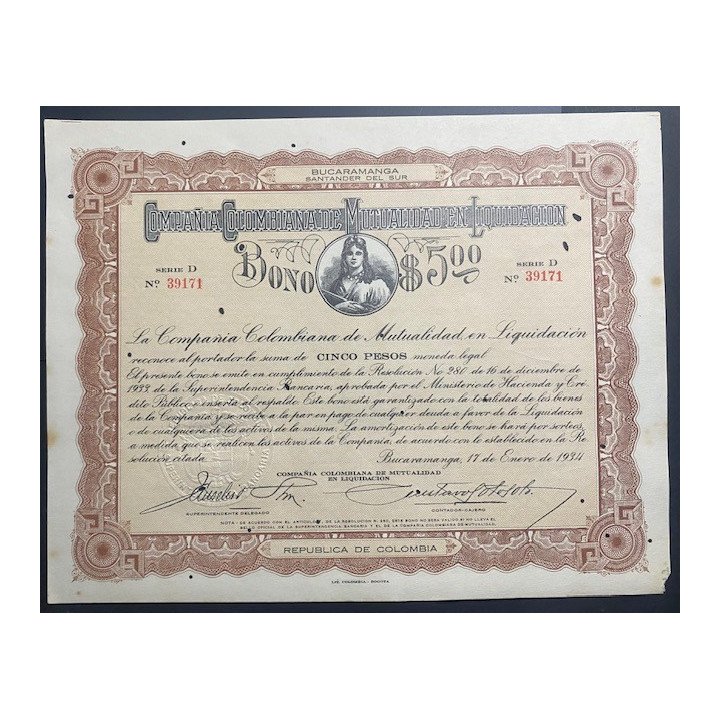 Compañia Colombiana de Mutualidad en Liquidacion 5 Pesos 17 Ene 1934