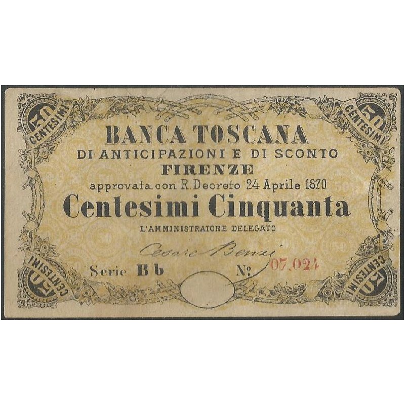 Italia - Banca Toscana 50 Centesimi 24 Abr 1870