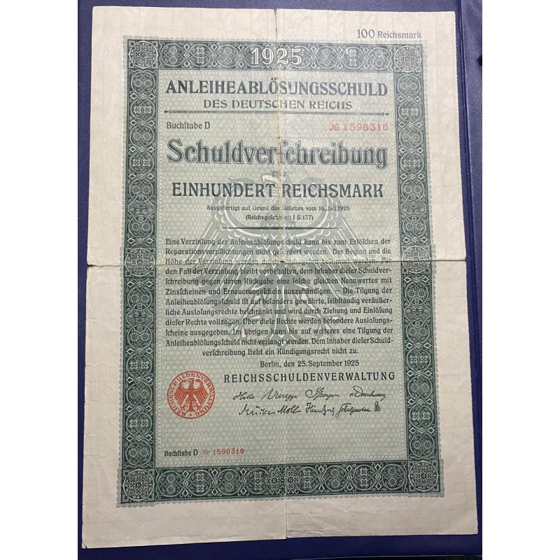Alemania - Bono de deuda del Imperio 100 Reichsmark 16 Jul 2025