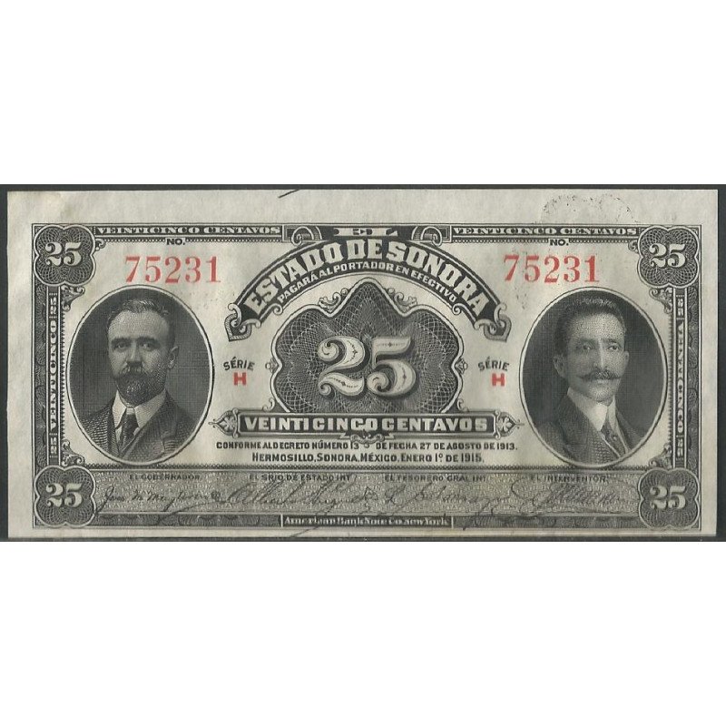 Mexico - El Estado de Sonora, 25 Centavos 1 Ene 1915 Serie H Ps1069