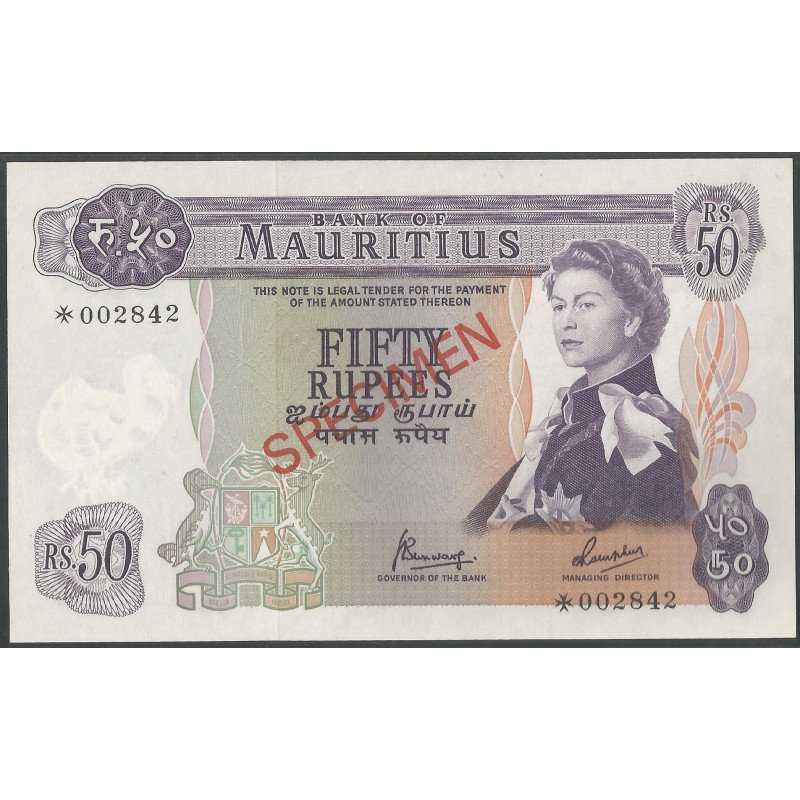 Mauricio, 50 Rupias ND1967 P33cS1 Specimen