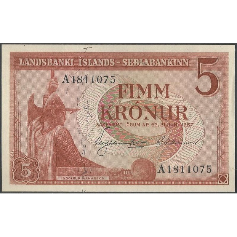 Islandia, 5 Kronur 21 Jun 1957 P37a