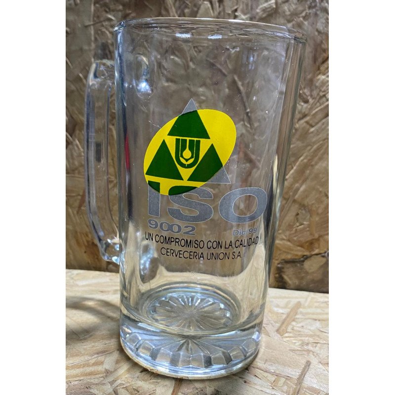 Jarro vidrio Cerveceria Union "Iso 9002" 14 cm X 7 cm