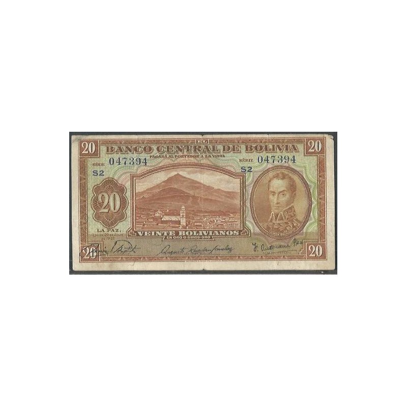 Bolivia, 20 Bolivianos L 20 Jul 1928 Serie S2 P131