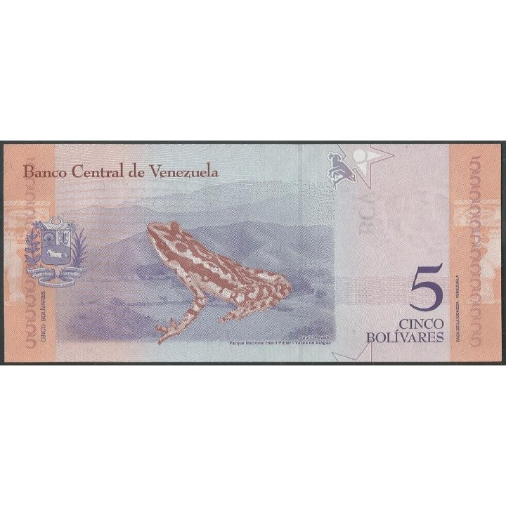 Venezuela 5 Bolivares 15 Ene 2018 B 8 Dig P102 reverso