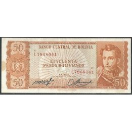 Bolivia 50 Pesos Bolivianos L 13 Jul 1962 Serie L P162a