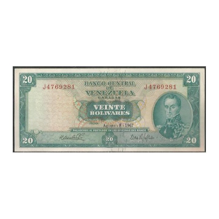 Venezuela 20 Bolivares 8 Ago 1967 J 7 Dig P46a