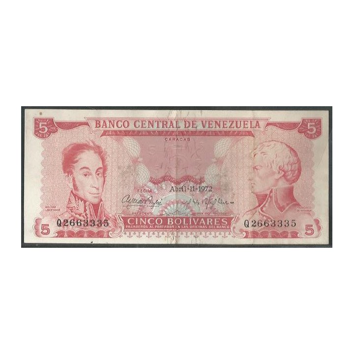 Venezuela 5 Bolivares 11 Abr 1972 Q 7 Dig P50f