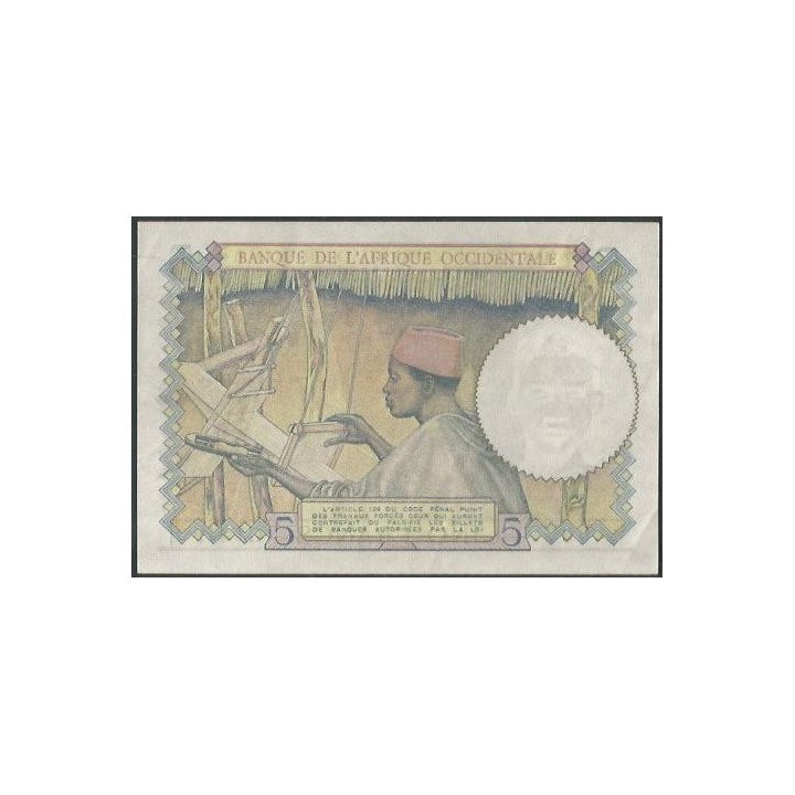 Africa Occidental Francesa 5 Francs 6 Mar 1941 P25 reverso