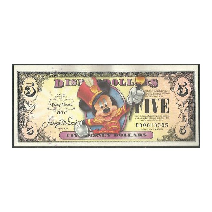 Disney 5 Dollars 2008 Mickey Mouse 80 años