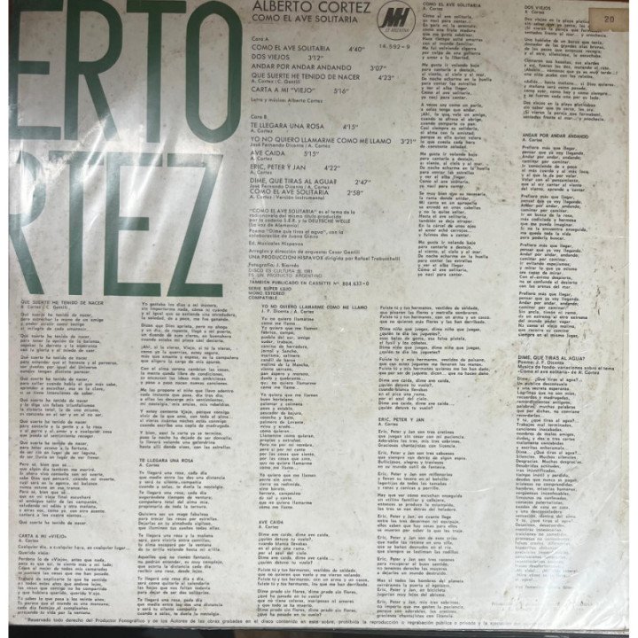 Alberto Vazquez - Como Ave Solitaria reverso