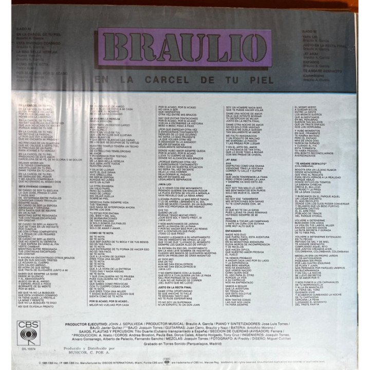 Braulio - En La Carcel de Tu Piel reverso
