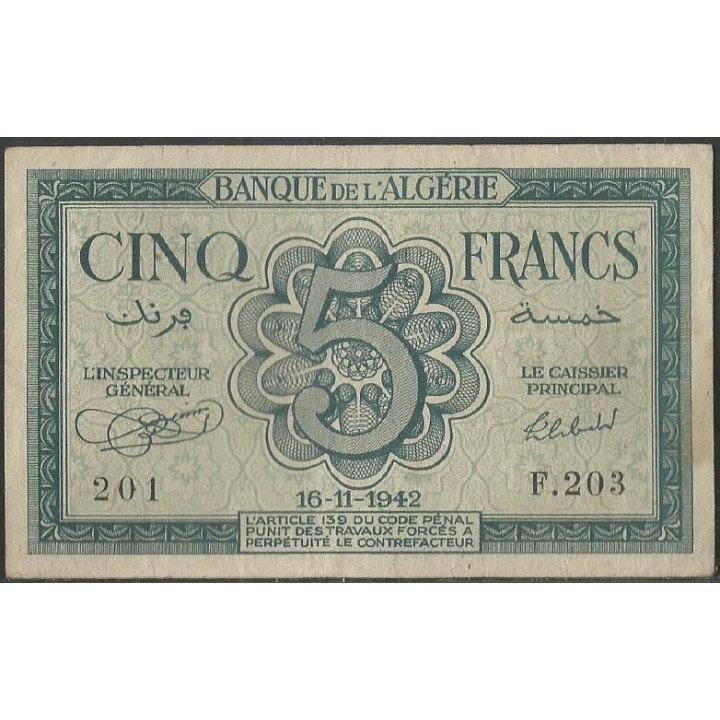 Argelia 5 Francs 16 Nov 1942 P91 reverso