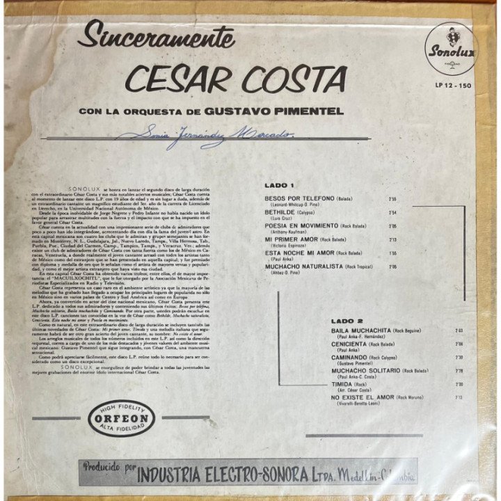 Cesar Costa Con La Orquesta de Gustavo Pimentel - Sinceramente reverso