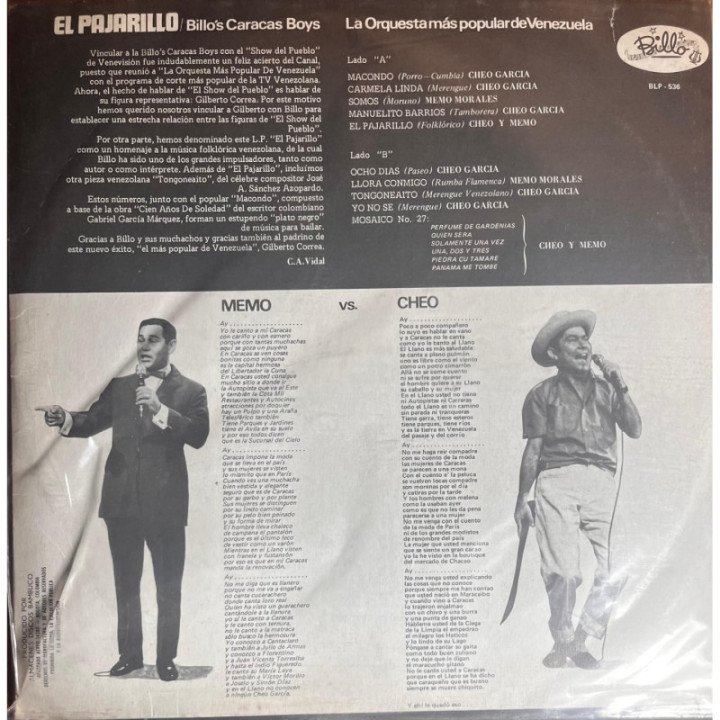 Billo's Caracas Boys -El Pajarillo reverso